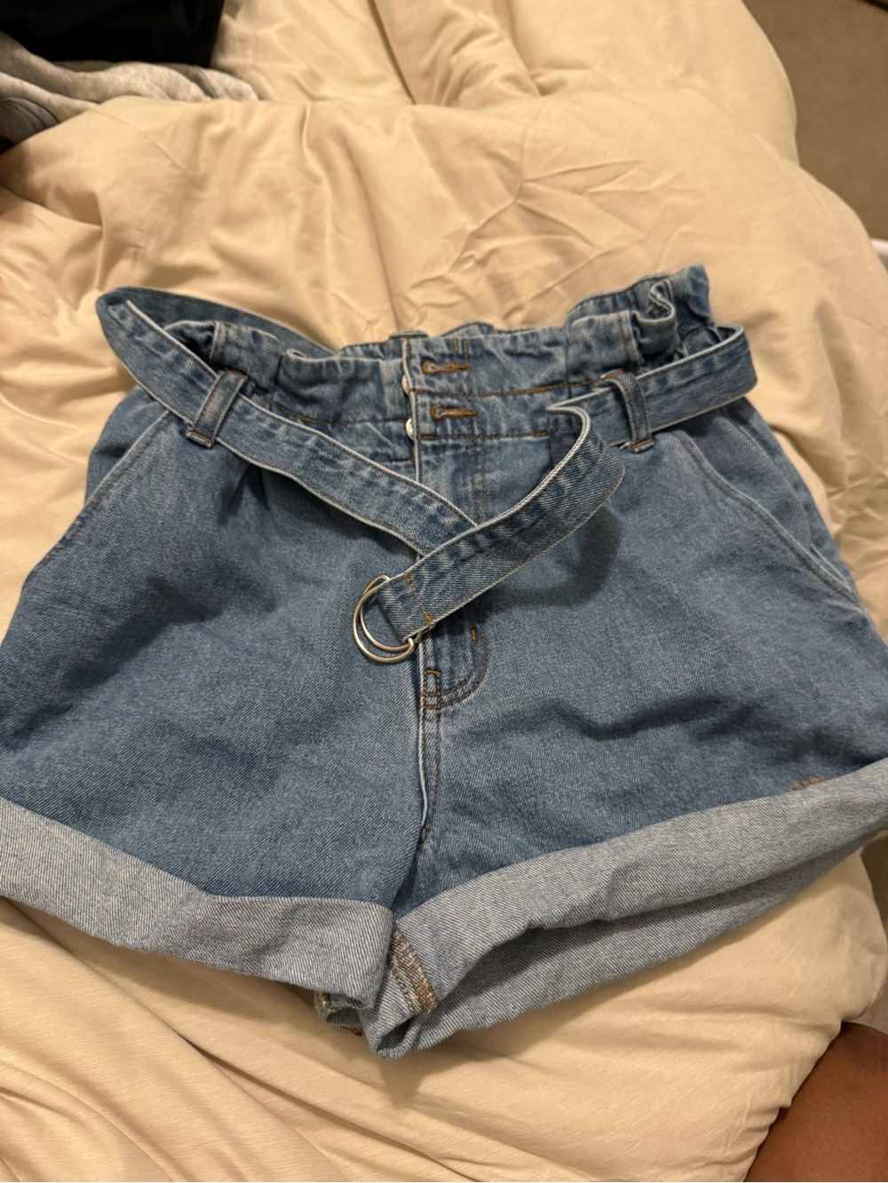 Forever 21 Light Blue High-Waist Paperbag Denim Shorts with Belt